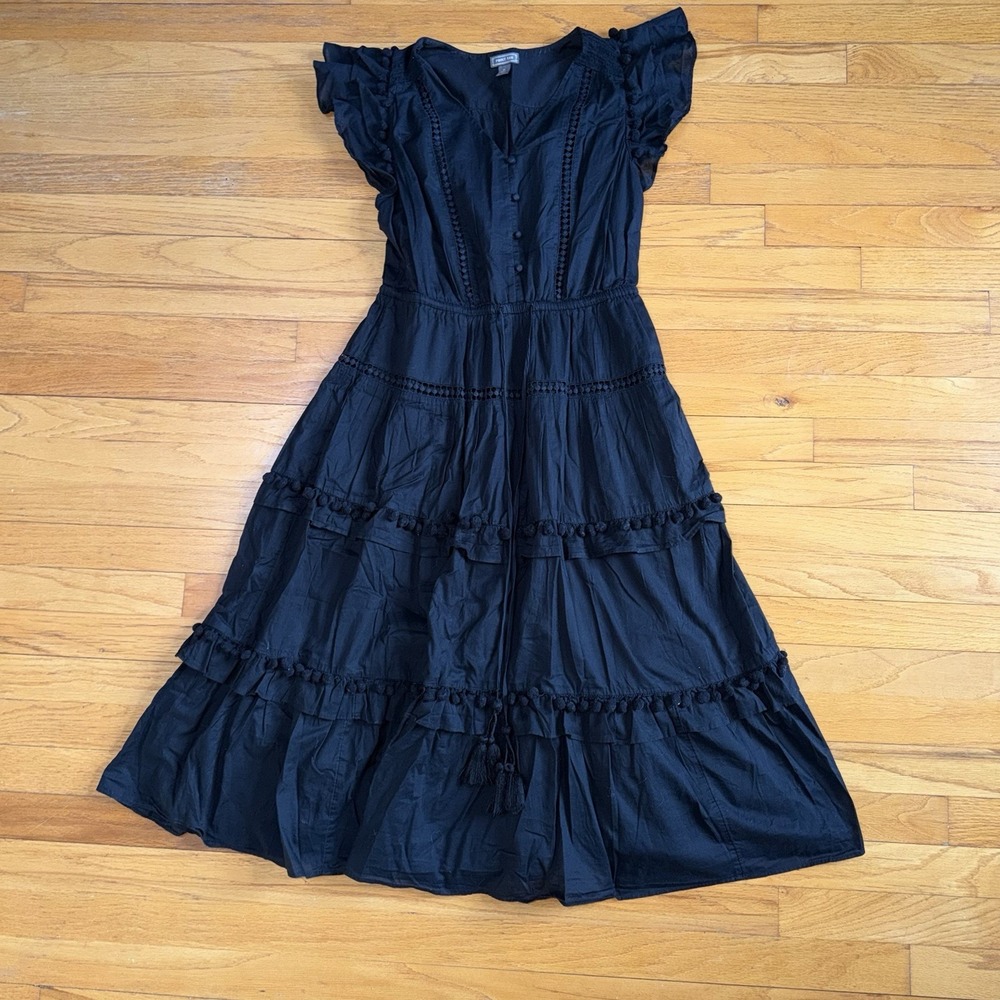 J. Crew Point Sur Black Cotton Dress Voile Pom-Pom Midi Tiered Sundress 6 Beachy